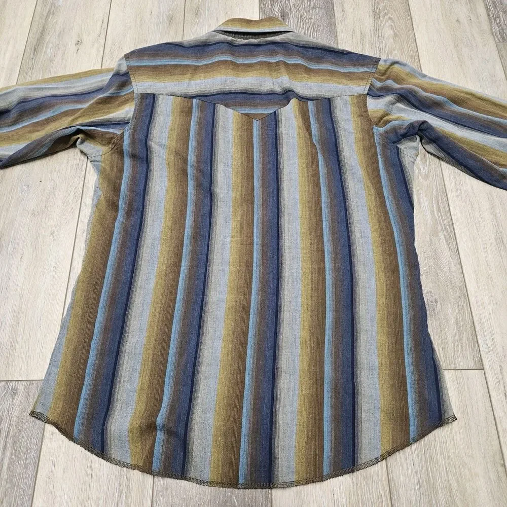 Wrangler Western Pearl Snap Button Up Striped Blue Grey Men's Medium Retro